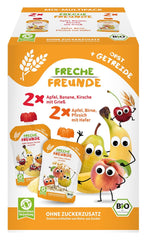 FRECHE FREUNDE Bio Mix ve vícebalném lisovatelném sáčku - ovoce + cereálie, Ovocné pyré s cereáliemi v lisovatelném sáčku pro miminka od 6 měsíců, veganské, balení 3, 3 x (4 x 100 g)