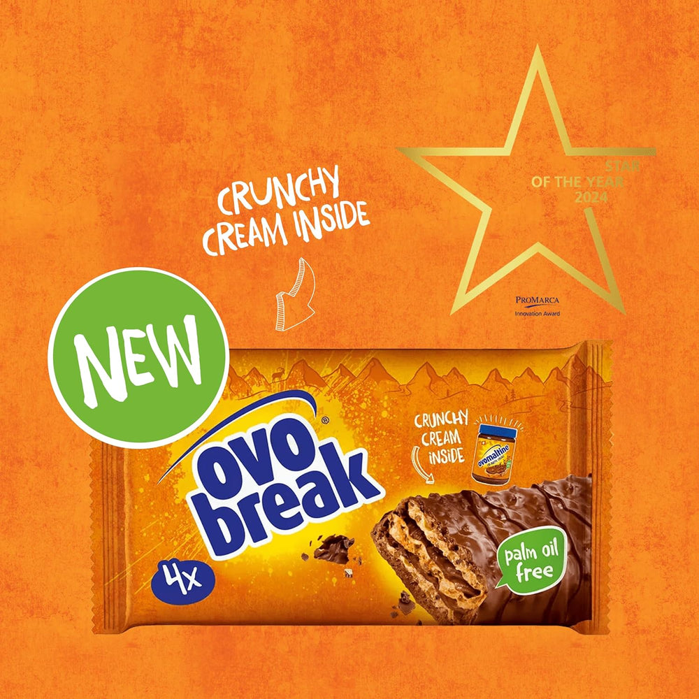 Ovomaltine OVO BREAK Oplatka a čokoládová tyčinka - křupavá svačina s nezaměnitelnou chutí našeho oblíbeného Creme Crocante, přirozeně bez palmového oleje (4 x 39 g)