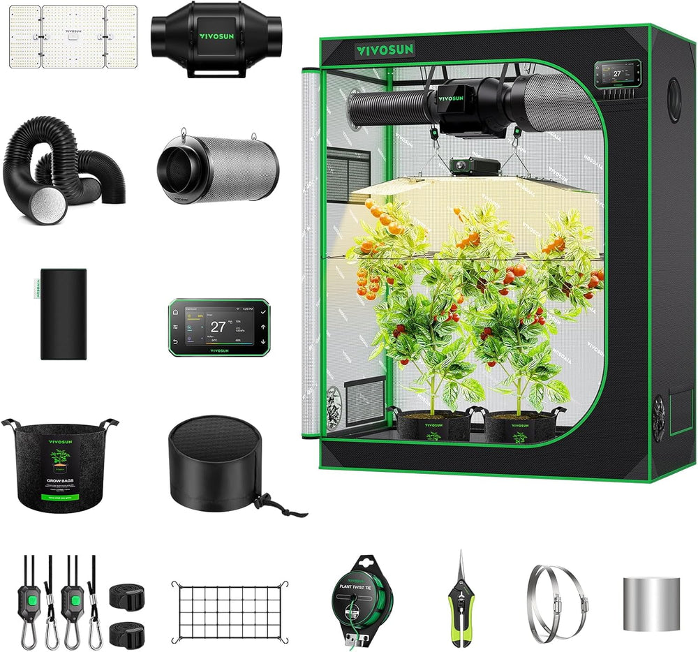VIVOSUN Smart Grow Tent Full Set 60x60x120cm, integrovaný WiFi automatický pěstební systém se 100W celospektrálním LED světlem a účinným ventilačním systémem s ovladačem GrowHub E42A+