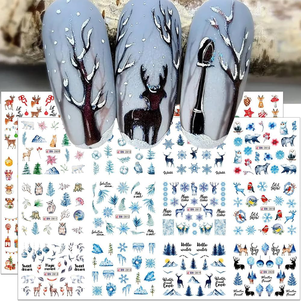 Autocolante 3D pentru unghii de Crăciun, autoadezive, cu transfer de apă, brad de Crăciun, fulg de nea, elan, pinguin, artă pentru unghii de Crăciun, design pentru unghii de iarnă, autocolante de Crăciun, accesorii pentru unghii