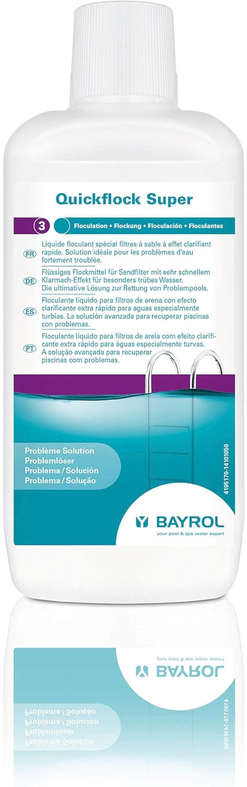 BAYROL Quickflock Super 1 L - Tekutý flokulant pro bazénové pískové filtry - Velmi rychlý čistící efekt pro zakalenou vodu v bazénu - Čistička bazénové vody - Čistič bazénového čističe