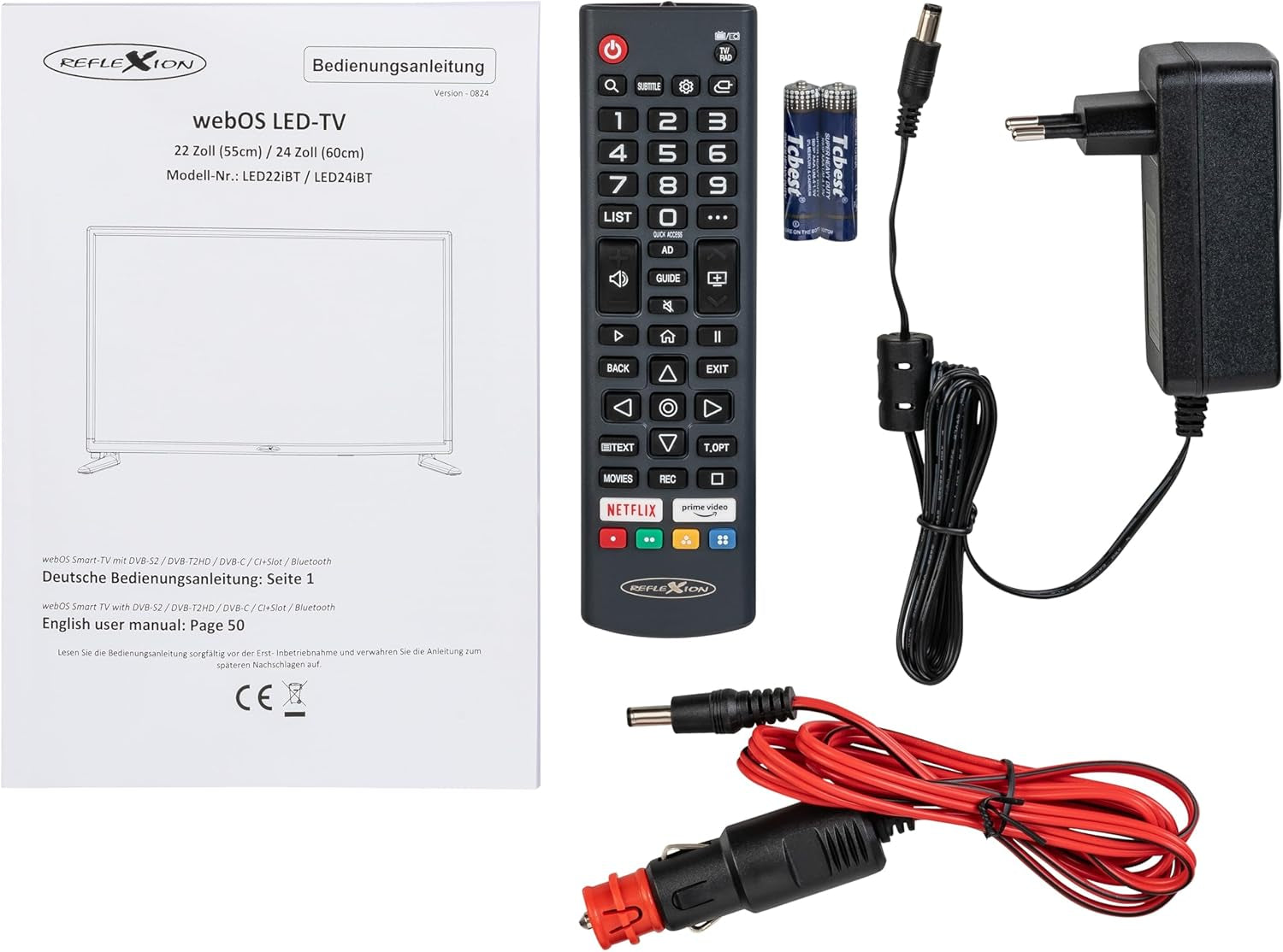 Televizor inteligent Reflexion LED24iBT de 24 de inci cu soundbar, Full HD, WLAN, Bluetooth, HDMI, USB, CI+, adaptor auto de 12V – ideal pentru autorulote, caravane, rulote și bărci – incl. telecomandă