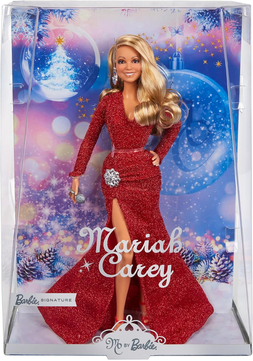 Barbie Mariah Carey - Sammelpuppe mit glänzener red Robe, Rüschen, Schlitz, glamouröse Locken, stříbrné doplňky, červené vysoké podpatky, Weihnachtstradition, Dekoration, HJX17