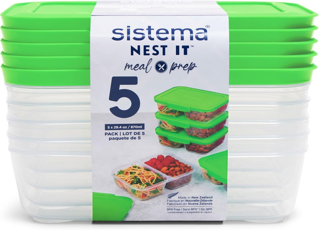 Sistema Nest IT containere pentru depozitarea alimentelor Meal Prep Boxes | 1,9 litri containere de depozitare etanșe cu TREI compartimente și capace | BPA-Free | Verde | 5 bucăți Cutii depozitare alimente Naty Shop 5 X 870 Ml