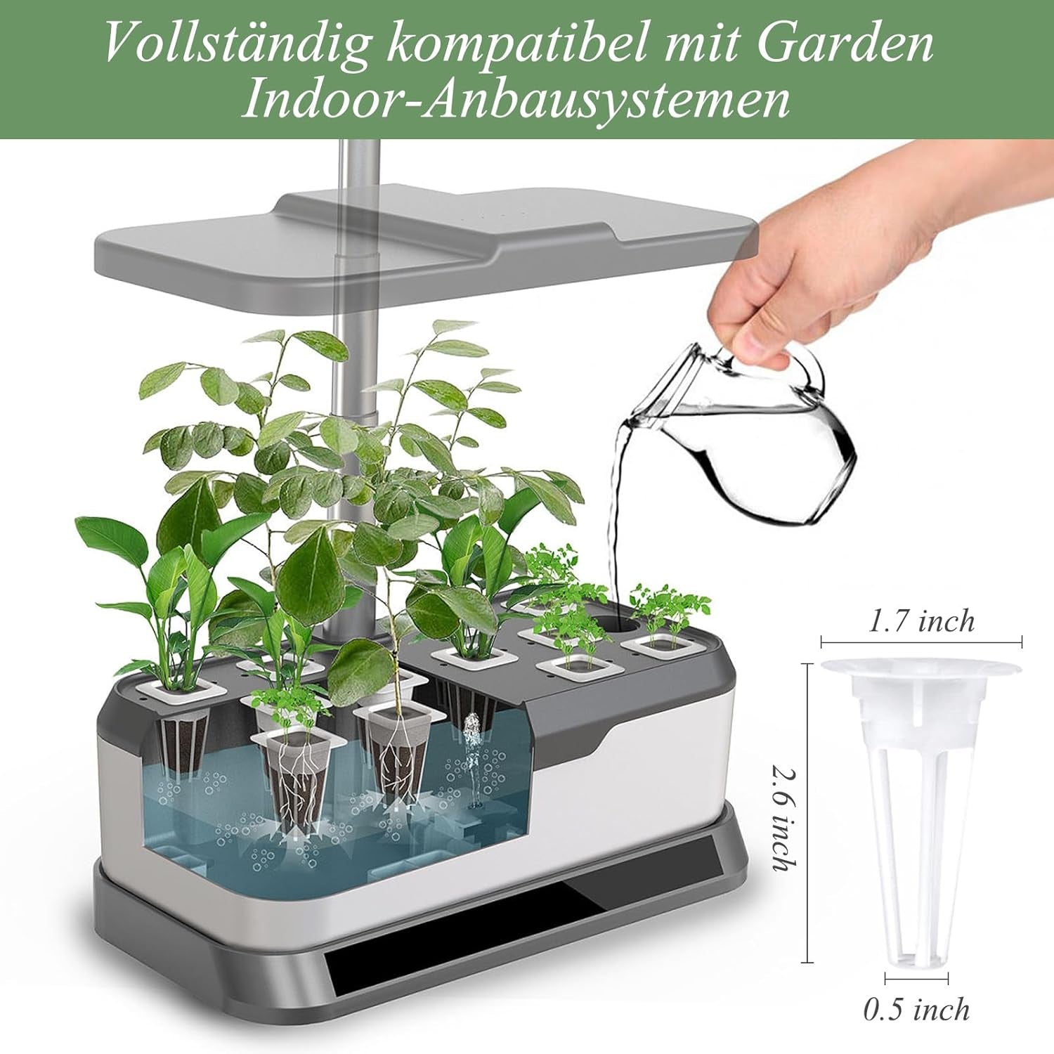 125 pěstebních houbiček, 50 náhradních pěstebních houbiček, příslušenství hydroponického startovacího systému s 50 štítky, 12 izolačními uzávěry, 12 košíky na rostliny, 1 pinzetou