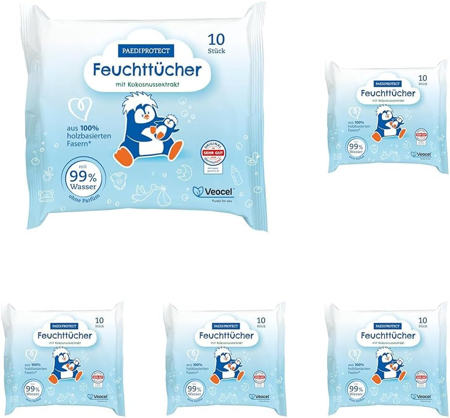 PAEDIPROTECT Baby vlhčené ubrousky 1 x 10 ks Sensitive dětské vlhčené ubrousky 99% vody bez parfemace pro miminka a děti Jemná pokožka Kokosový extrakt bez mikroplastů Vegan (5 balení)