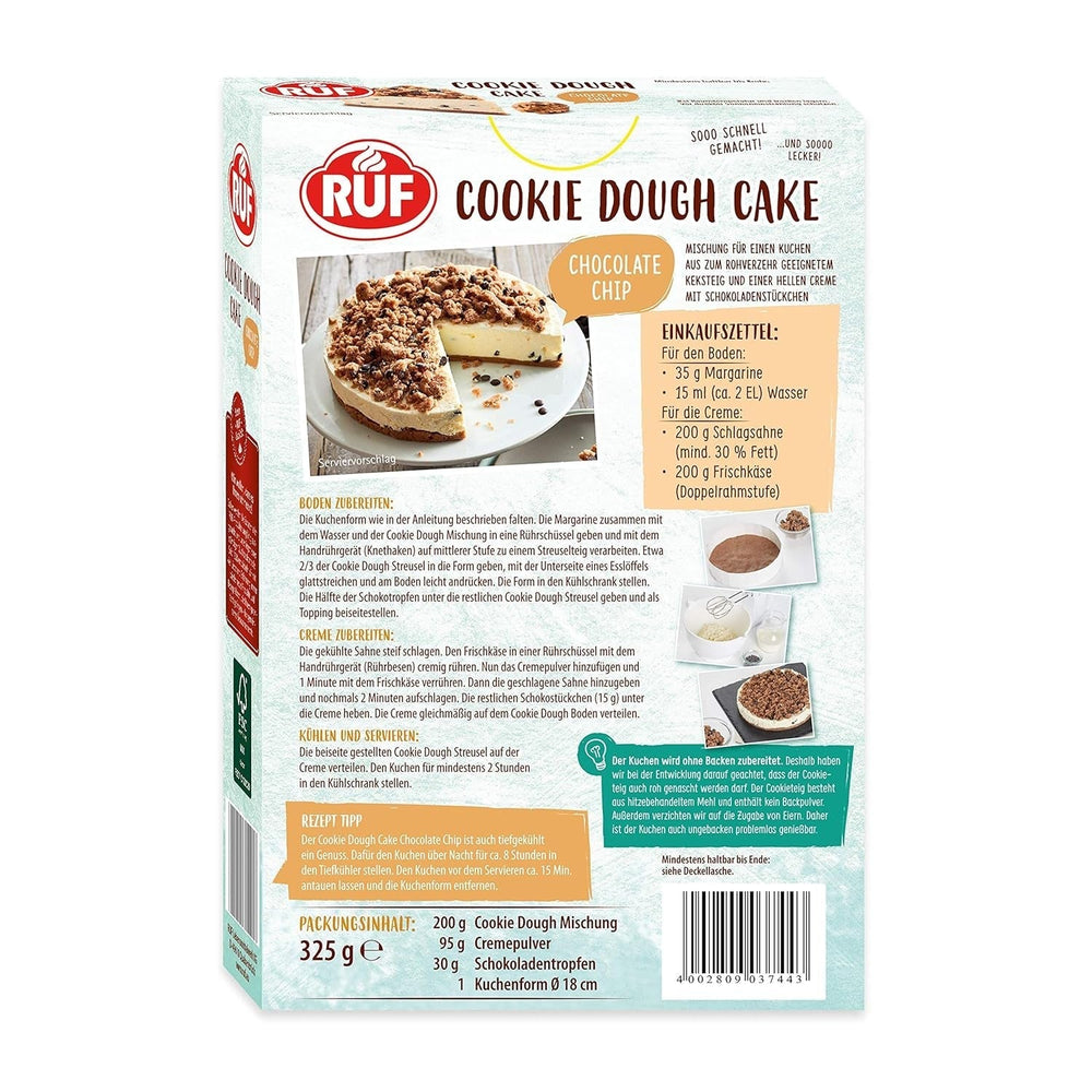 RUF Cookie Dort Ohne Backen, Tortenboden Aus Keksteig Mit Frischkäse-Creme Und Schokoladenstückchen, Inkl. Kuchenform, 1X325G Směs na pečení a vaření Naty Shop