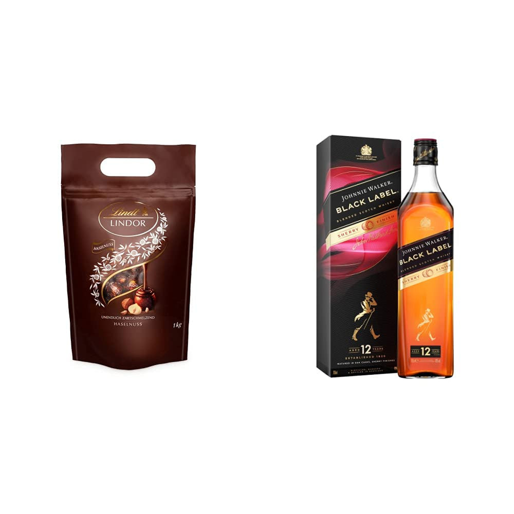 LINDOR čokoládové kuličky s lískovými oříšky, pytel 1 kg + sud na sherry Johnnie Walker 0,7l