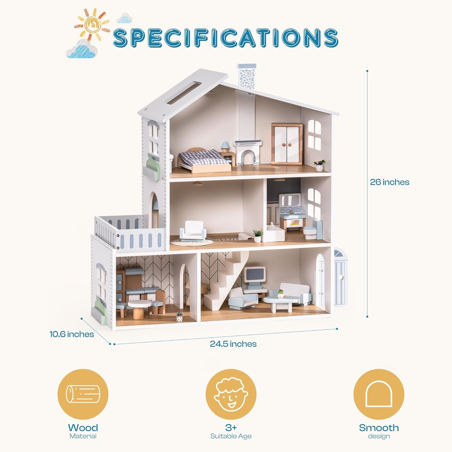ROBUD Casă de păpuși din lemn cu lumini, 3 etaje, include mobilier și scări, jucărie pentru copii de 3 ani și peste