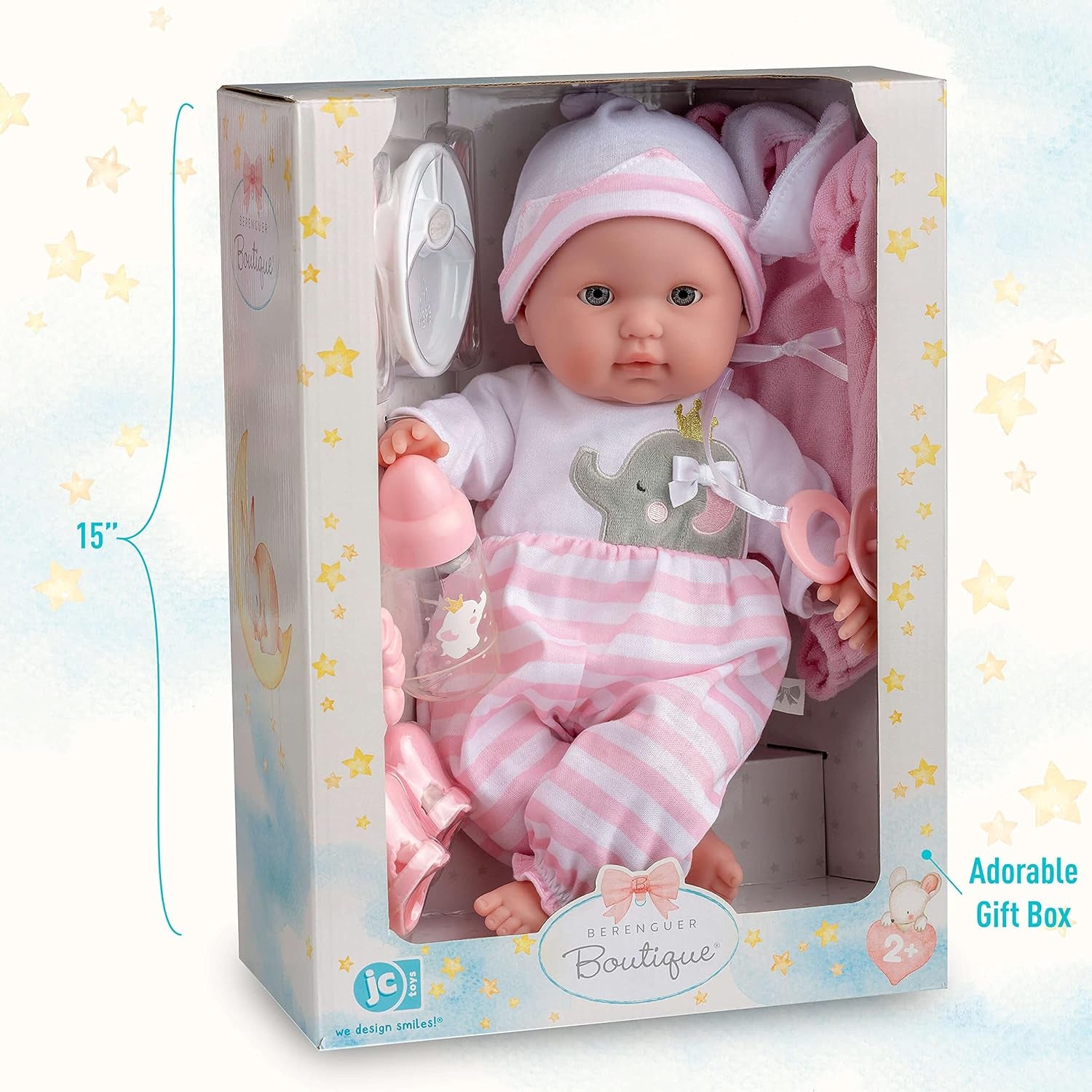 JC Toys - Păpușă moale realistă Berenguer Boutique, 38 cm, cu gură deschisă/închisă, set cadou cu 10 piese, biberon, zornăitoare, suzetă și accesorii, roz, vârste 2+