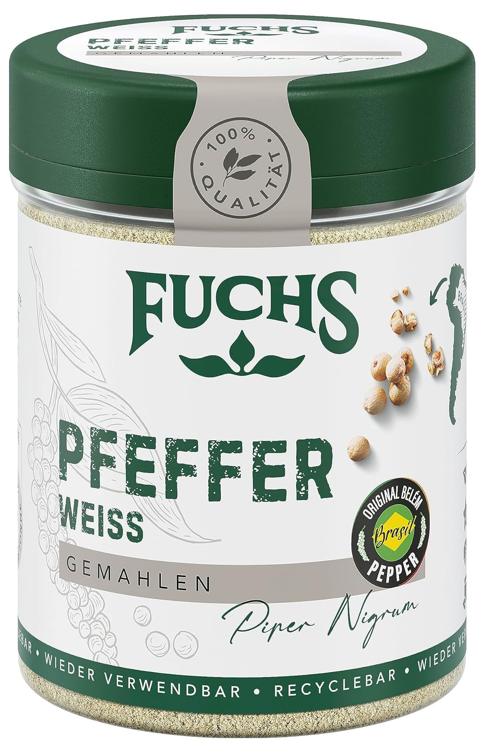 Fuchs Gewürze - Pfeffer weiß gemahlen - Pfeffer aus dem Amazonasgebiet, für helle Saucen, Fisch oder Suppen - přírodní ingredience - 60 g v wiederverwendbarer, recyclebarer Dávka
