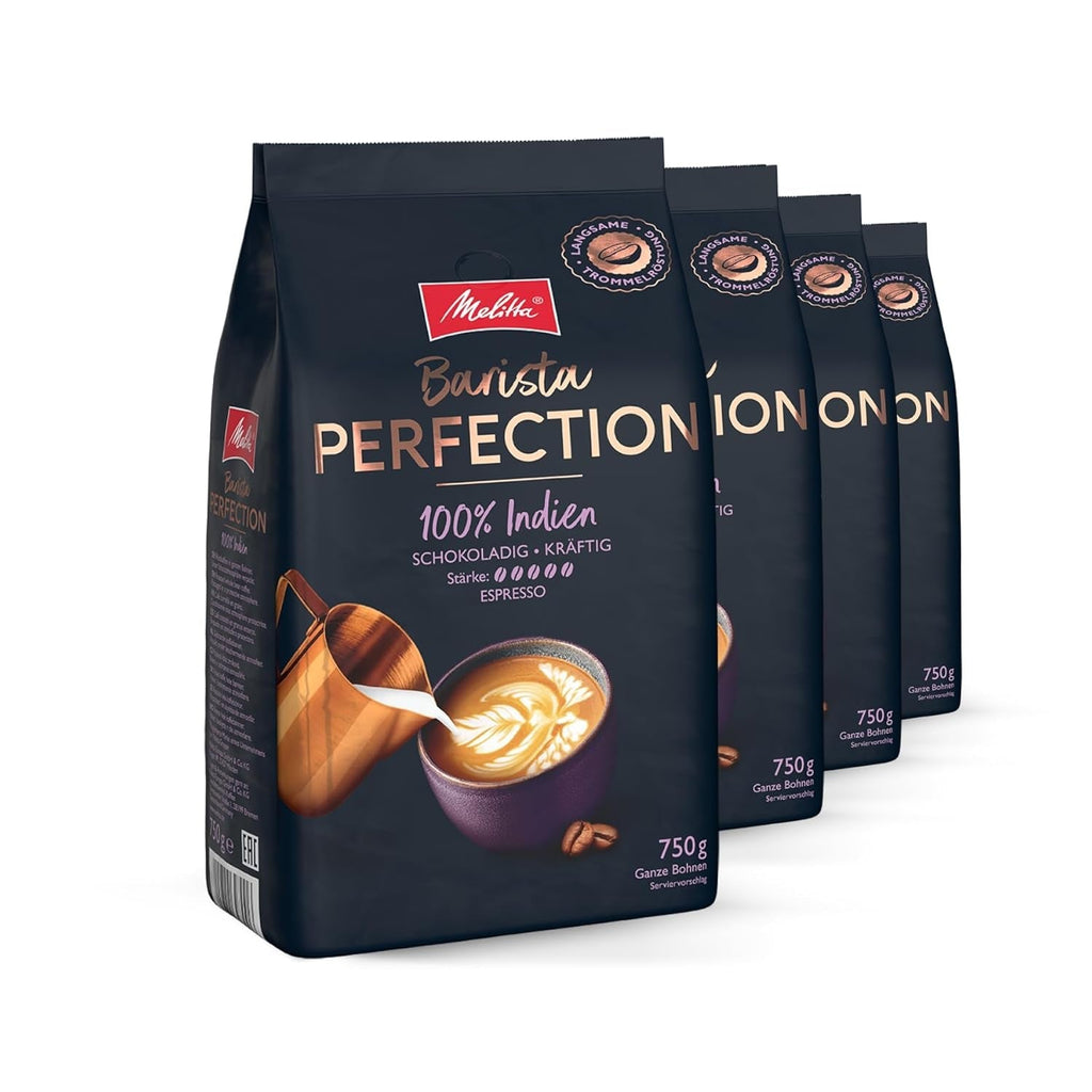 Melitta Barista Perfection 100% Brazilia, boabe de cafea întregi, cafea de origine unică, 100% Arabica, prăjire lentă cu tambur, Crema Forte, tărie 4 Cafea Naty Shop India 4 x 750 grame