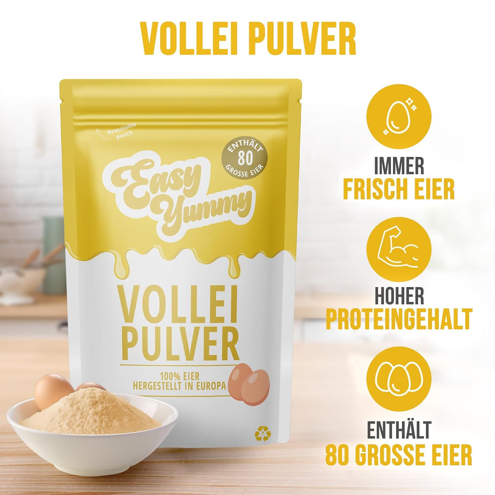 EASY YUMMY - Vollei-Eipulver (1000g = 80 Eier) z Regionalen Niederländischen Freiland-Eiern | mýtus 1-Ei-Messlöffel | Wiederverschließbarer Beutel, lange Haltbarkeit | Rührei, Kochen, Backen | 100% jich