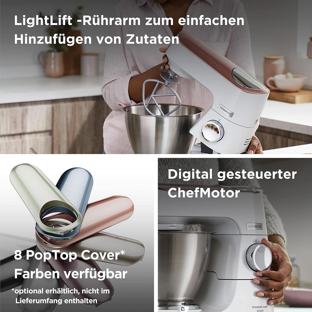 Kenwood Titanium Chef Baker KVC65.001WH, Küchenmaschine Mit Integrierter Waage, 1200 Watt, Inkl. Sada 3 cukrářských výrobků Teiligem, špachtle a sprej, Weiß Matka a dítě Naty Shop