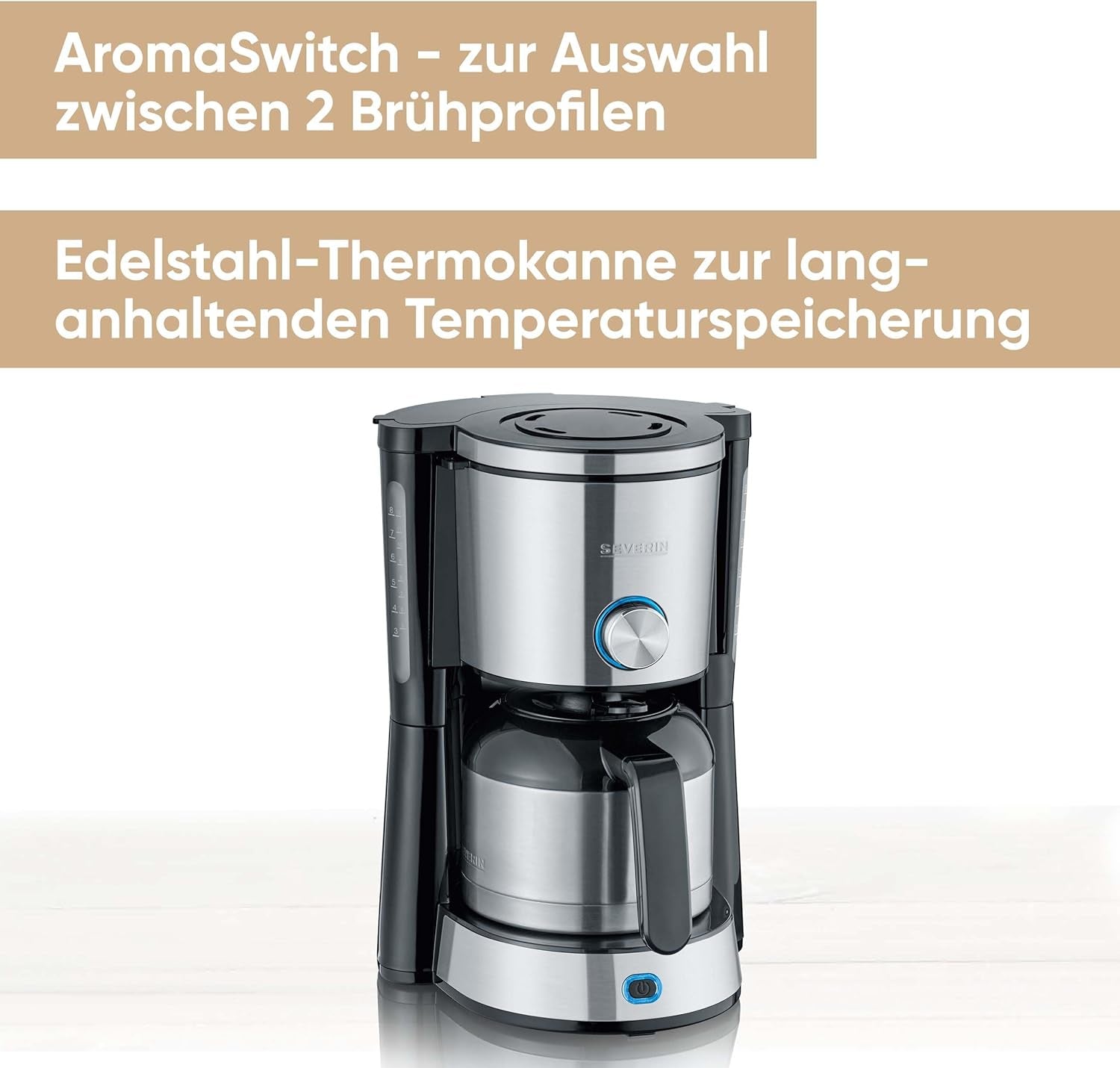 Espressor SEVERIN „TypeSwitch” cu carafă termică, AromaSwitch pentru alegerea între 2 profiluri de preparare, aparat de cafea pentru până la 10 cești, 1000W, oțel inoxidabil periat-negru, KA 4845