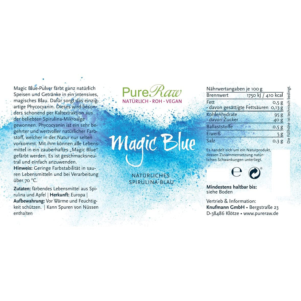 Colorant alimentar natural albastru pudră Magic Blue Spirulina (vegan crud) Albastru închis până la albastru deschis pastel - Colorant alimentar pudră cu alge ficocianină - Colorant alimentar natural | Pureraw 5G