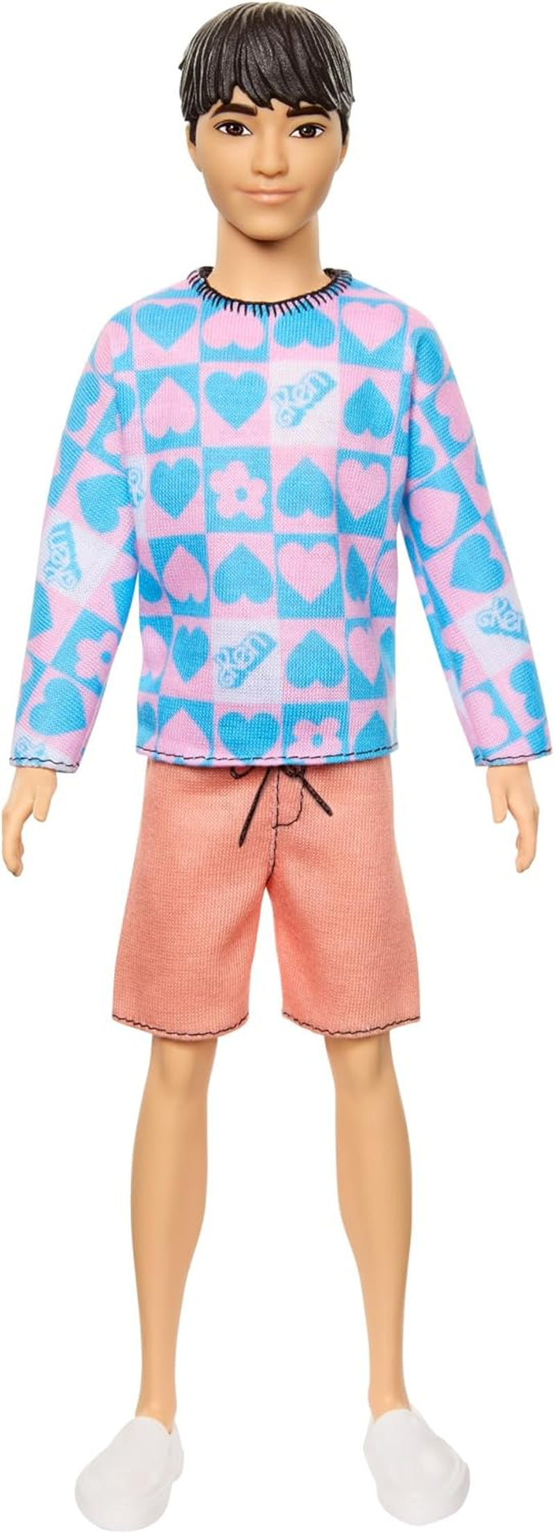 Barbie Fashionistas Ken Doll nr. 219 cu corp subțire și cămașă cu mânecă lungă cu model detașabil în roz și albastru și pantaloni scurți roz, HRH24 Papusi Naty Shop Titlu implicit