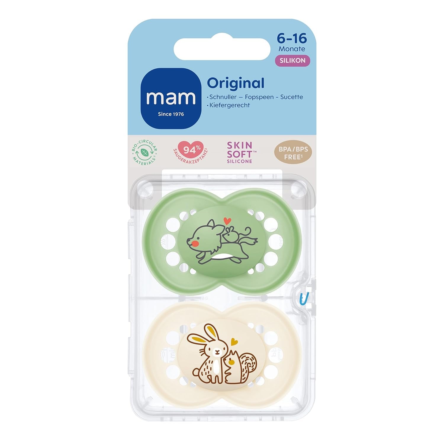 Suzete MAM Original, pachet de 2, suzete pentru bebeluși prietenoase cu dinții, fabricate din materiale sustenabile și bioregenerabile, tetine din silicon MAM SkinSoft, cu cutie pentru suzetă, 6-16 luni, Lup/Iepure
