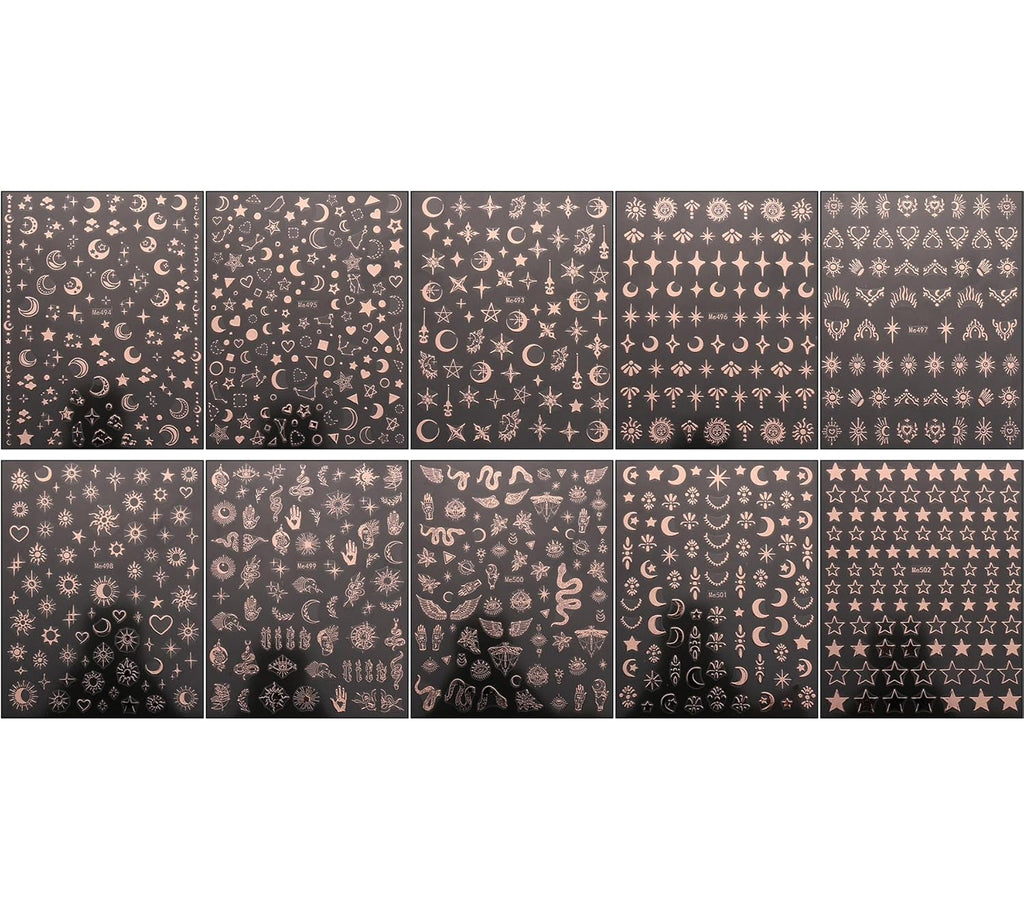 JMEOWIO Nagelsticker Mond Stern 10 Blatt Nail Art Sticker Selbstklebend Nagelaufkleber Roségold Dekoration Nageldesign Zubehör