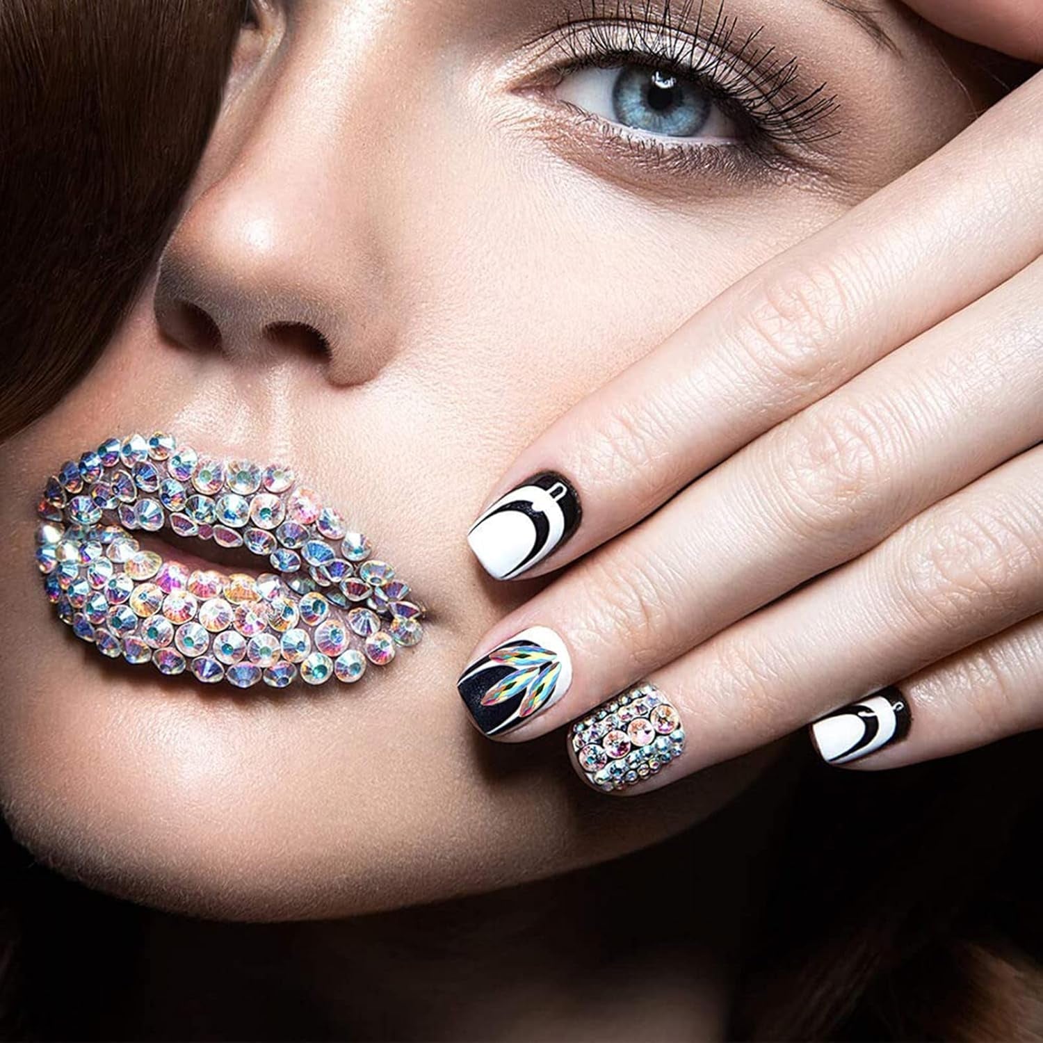 Set de 3200 de pietre pentru unghii, FITDON, pietre AB din sticlă multi-forme și pietre AB cu sclipici și diamant transparent pentru unghii, pentru decorare, seturi DIY, brelocuri pentru bijuterii, accesorii pentru unghii