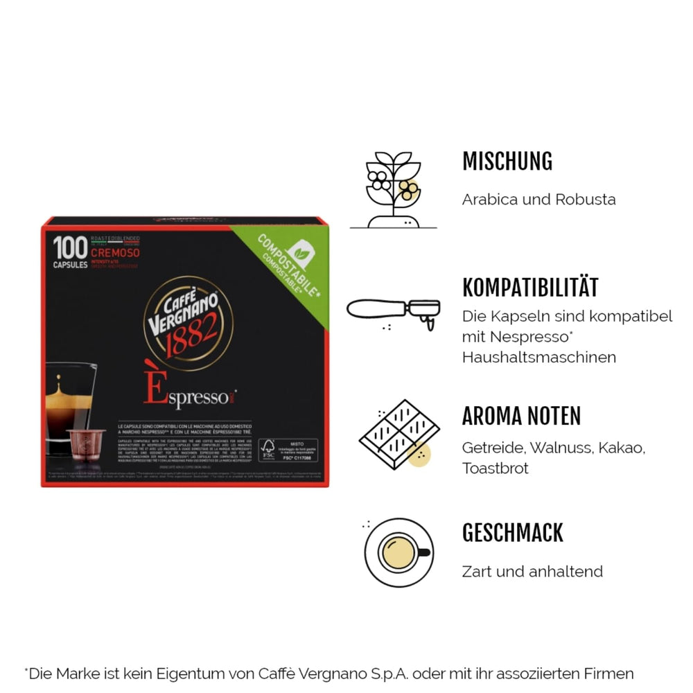 Caffè Vergnano 1882 - Èspresso Kompostierbare Kaffeekapseln, Kompatibel Mit Nespresso, Cremoso (Cremig) - Packung Enthält 100 Kapseln