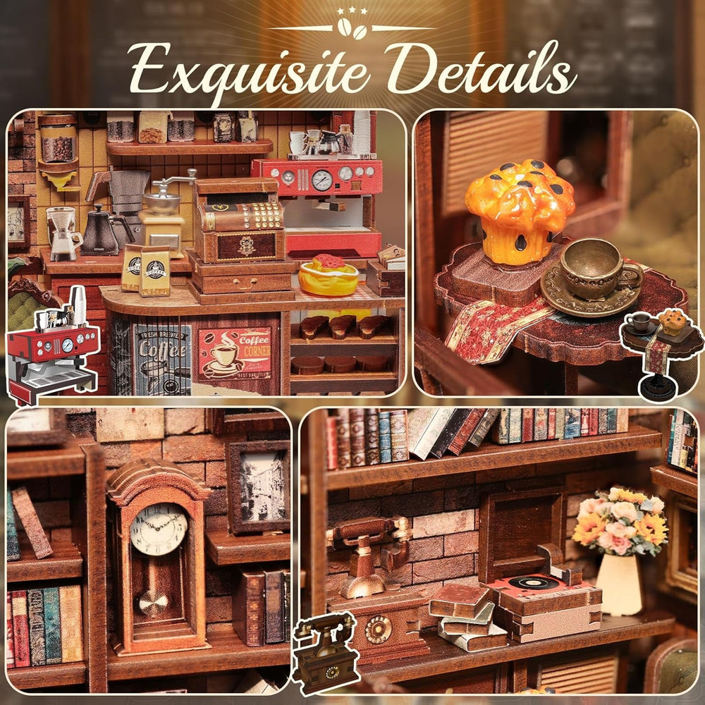 Kit Colț de Cărți CUTEBEE – Căsuțe de Păpuși DIY, Kit de Construit Căsuțe Miniatură pentru Adulți cu Lumină LED, Puzzle 3D din Lemn și Suport de Cărți – Decorațiune Raft de Cărți și Cadou (Cafeneaua din Colț)