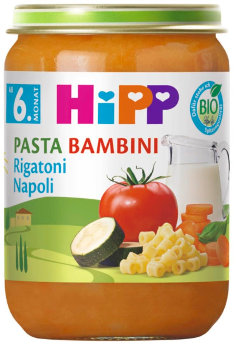 HiPP Těstoviny Bambini Rigatoni Napoli Organice (6 x 190 g), jídlo od 6 měsíců, bez přidané soli, s Omega-3, nejlepší bio kvality