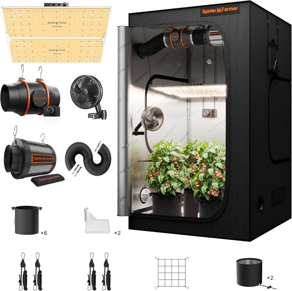 Spider Farmer SF1000 Full Spectrum Stmívatelné LED růstové světlo, Dioda Samsung LM301H EVO, 70x70x160cm sada Full Grow stanu, sada hydroponického pěstebního stanu, ventilační systém