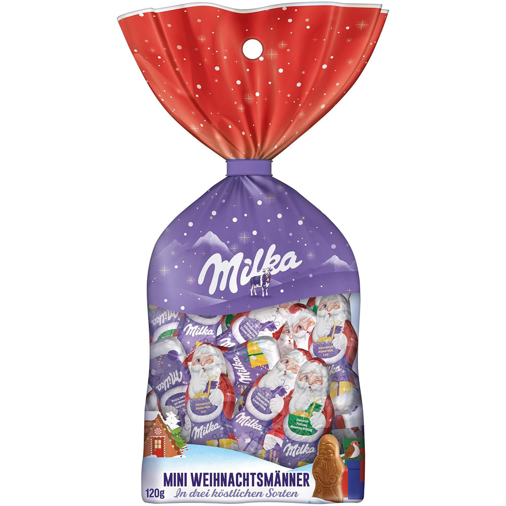 Milka Mini Santas – směs alpského mléka, mléčná smetana a lískové oříšky ve svátečním individuálním balení – 120g