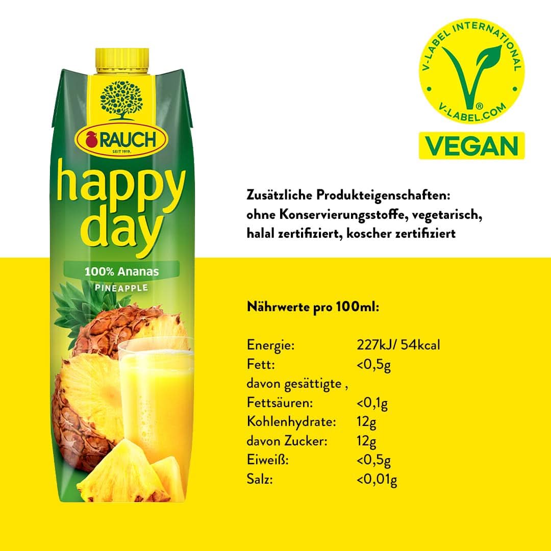 Rauch Happy Day Ananas | Exploze tropických chutí | Vyrobeno ze 100% koncentrované ananasové šťávy | 6 x 1 litr, Tetra Prisma Nealkoholické nápoje Naty Shop