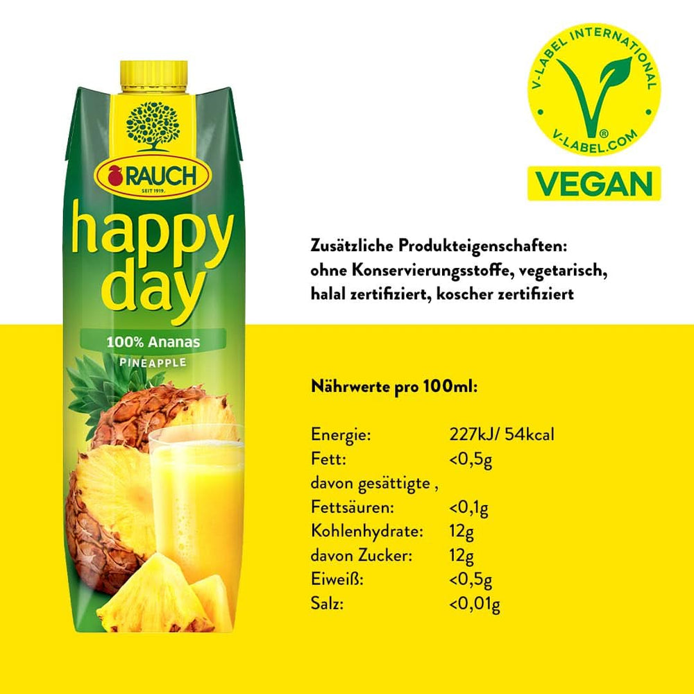 Rauch Happy Day Ananas | Exploze tropických chutí | Vyrobeno ze 100% koncentrované ananasové šťávy | 6 x 1 litr, Tetra Prisma Nealkoholické nápoje Naty Shop
