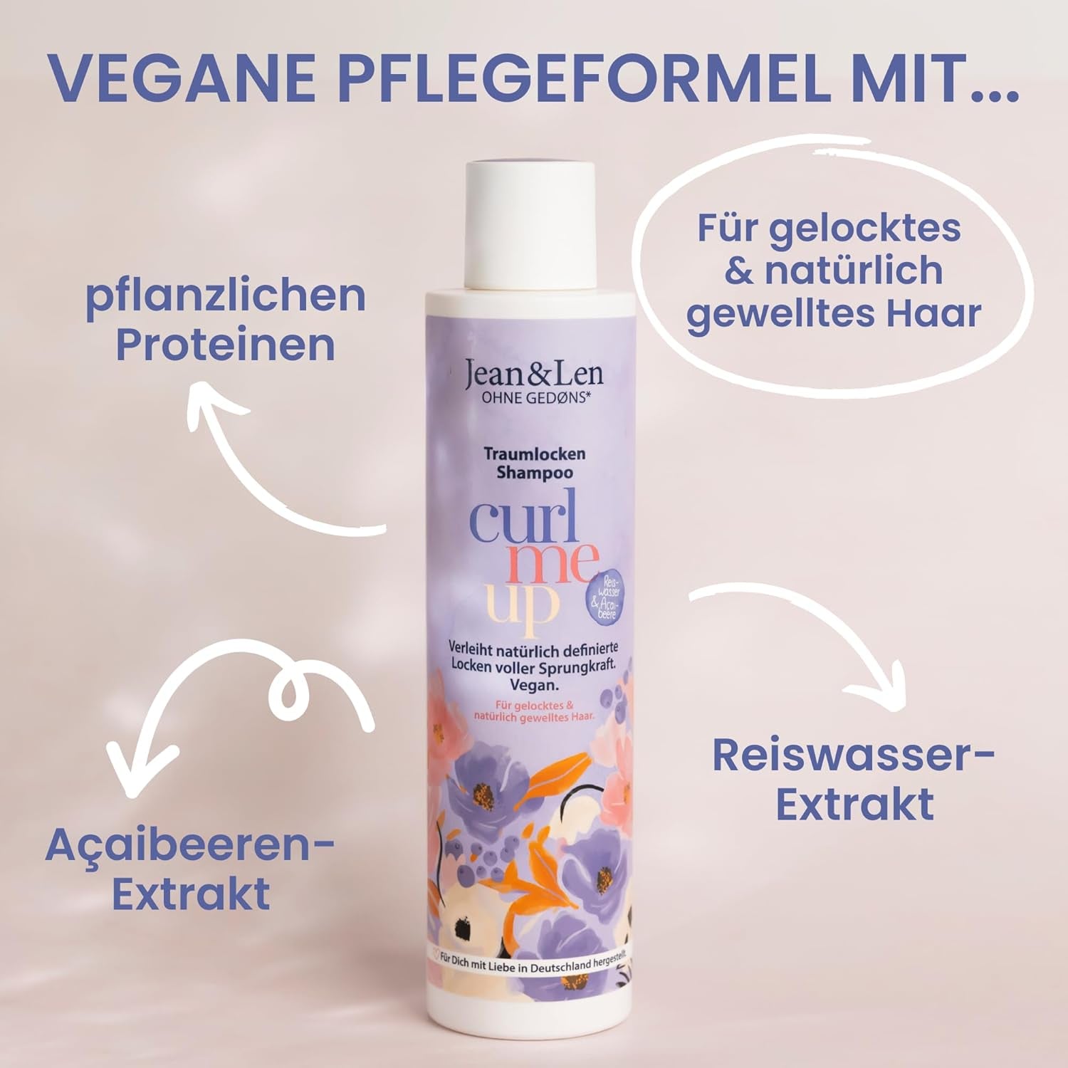 Jean & Len Dream Curls Shampoo Rice Water & Açai Berry, pro kudrnaté a vlnité vlasy, 300 ml Jean & Len