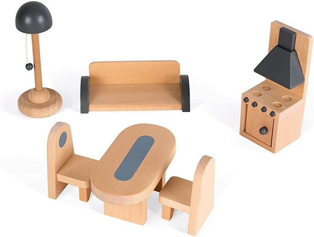 Janod - Dřevěný domeček pro panenky Mademoiselle, 3 patra a 11 doplňků, replika hračky, rozvíjí představivost, věk 3+, J06581, domečky pro panenky Pink Naty Shop