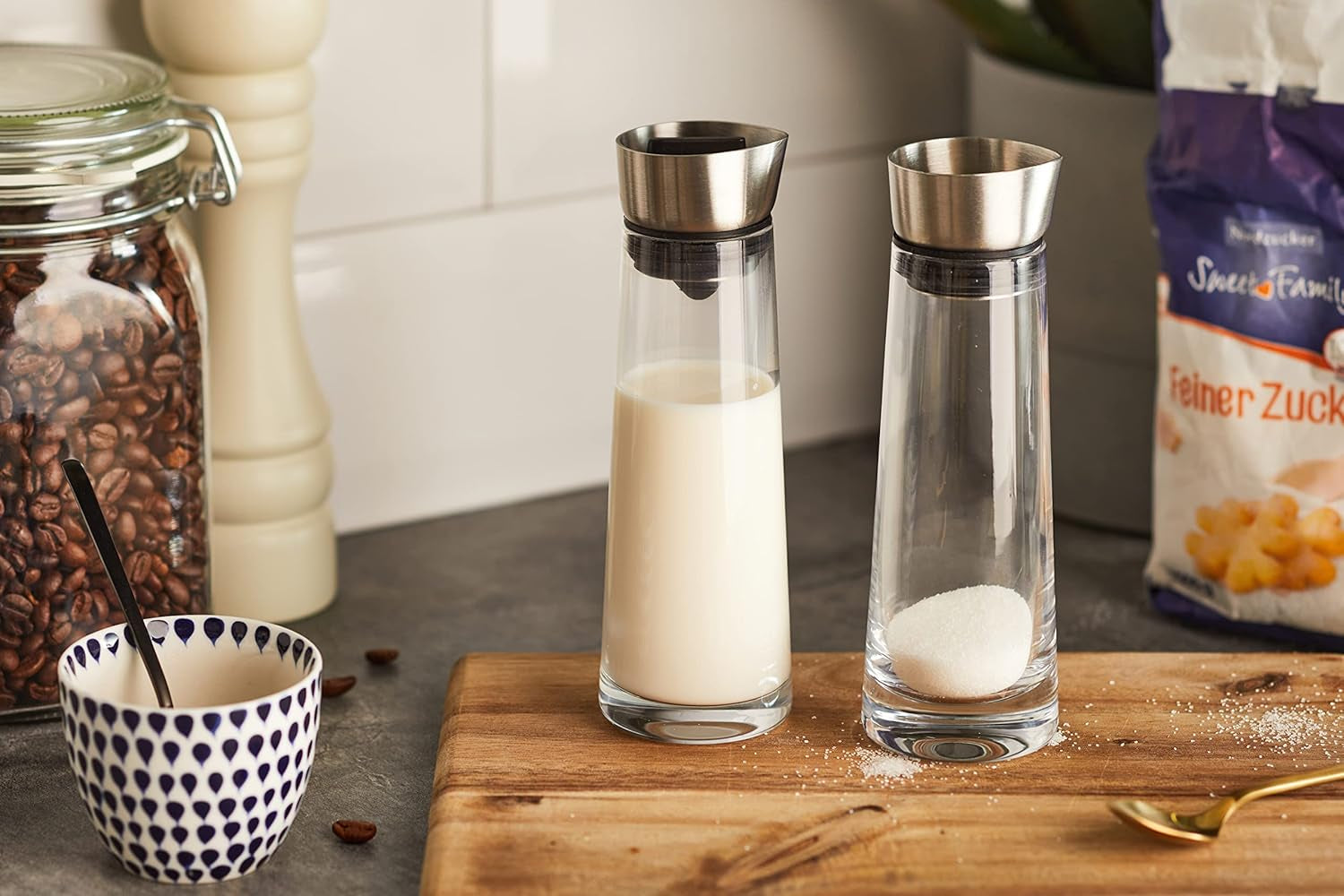 blomus -MACCHIATO- Set zahăr și frișcă din sticlă, capacitate 180 ml, capac din oțel inoxidabil, pentru ceai și cafea, manoperă de înaltă calitate, aspect exclusivist (Î / L / A: 17 x 5,4 x 5,4 cm, Transparent, 63510)