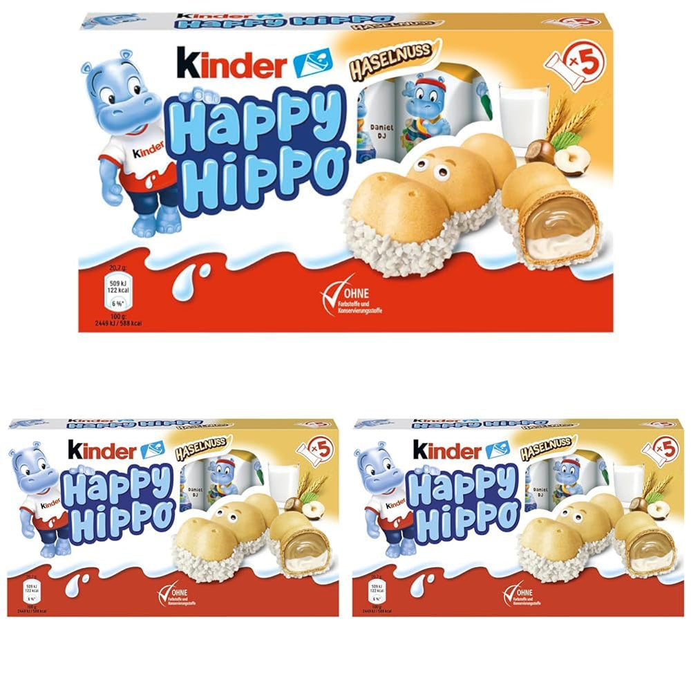 Kinder Happy Hippo Lískový ořech - Speciální křupavé oplatky s mlékem a lískooříškovým krémem - Karnevalové a Mardi Gras sladkosti - 1 balení obsahující 5 jednotlivých tyčinek po 20,7 g