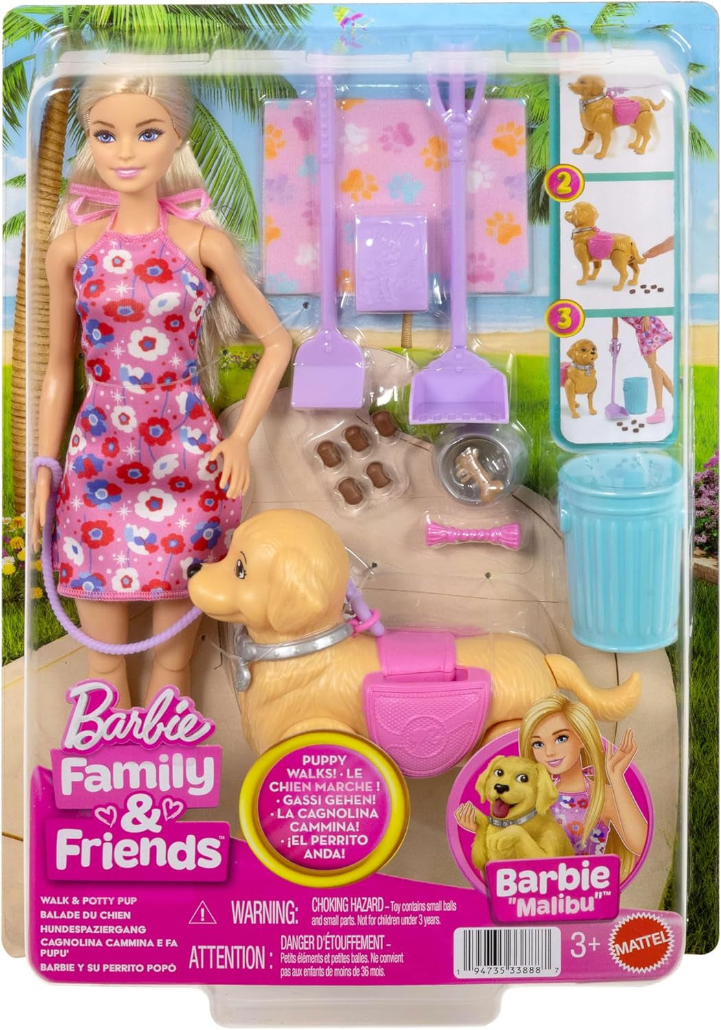 Barbie Hundespaziergang Spielset, enhtät einen Spielzeughund der gehen und Häufchen Machen kann, eine Barbie Malibu-Puppe sowie EIN Kehrset und Hundezubehör, JJB46