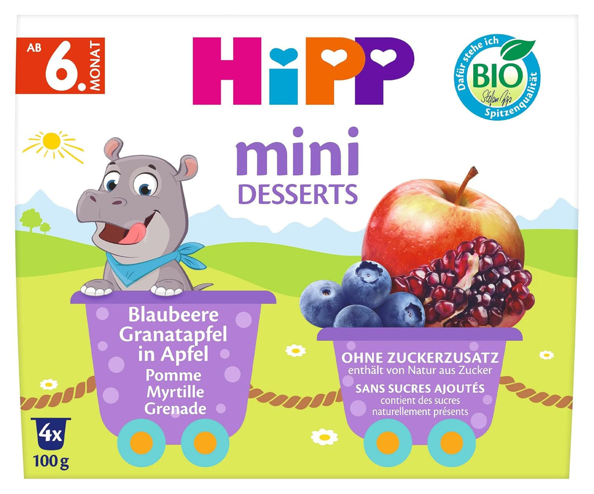 HiPP Bio mini dezert s borůvkou a granátovým jablkem v příchuti jablko (balení 6 x 4 x 100 g), od 6 měsíců, v praktických kelímcích, bez přidaného cukru, nejlepší bio kvalita