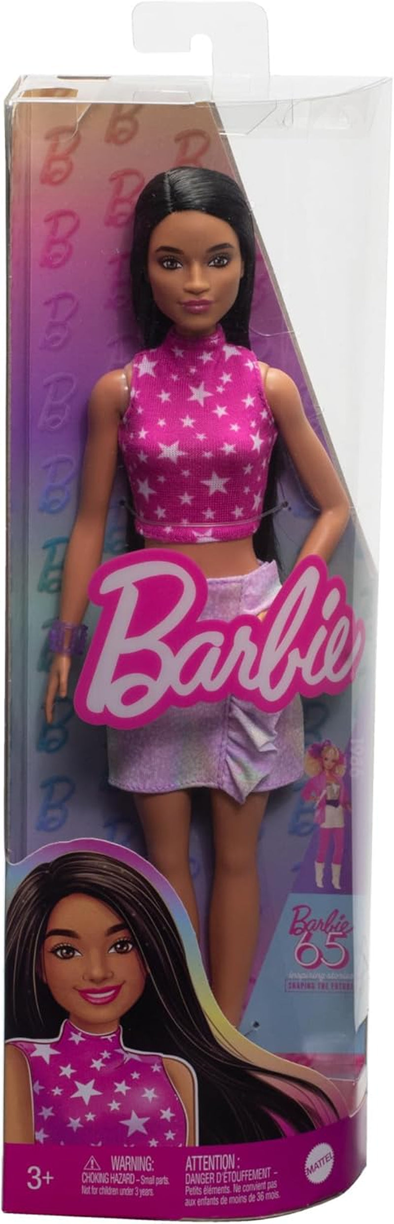Păpușa Barbie Fashionistas nr. 215 cu păr negru drept, bluză roz cu model de steluțe și fustă irizată, păpușă de modă de colecție care comemorează cea de-a 65-a aniversare, HRH13