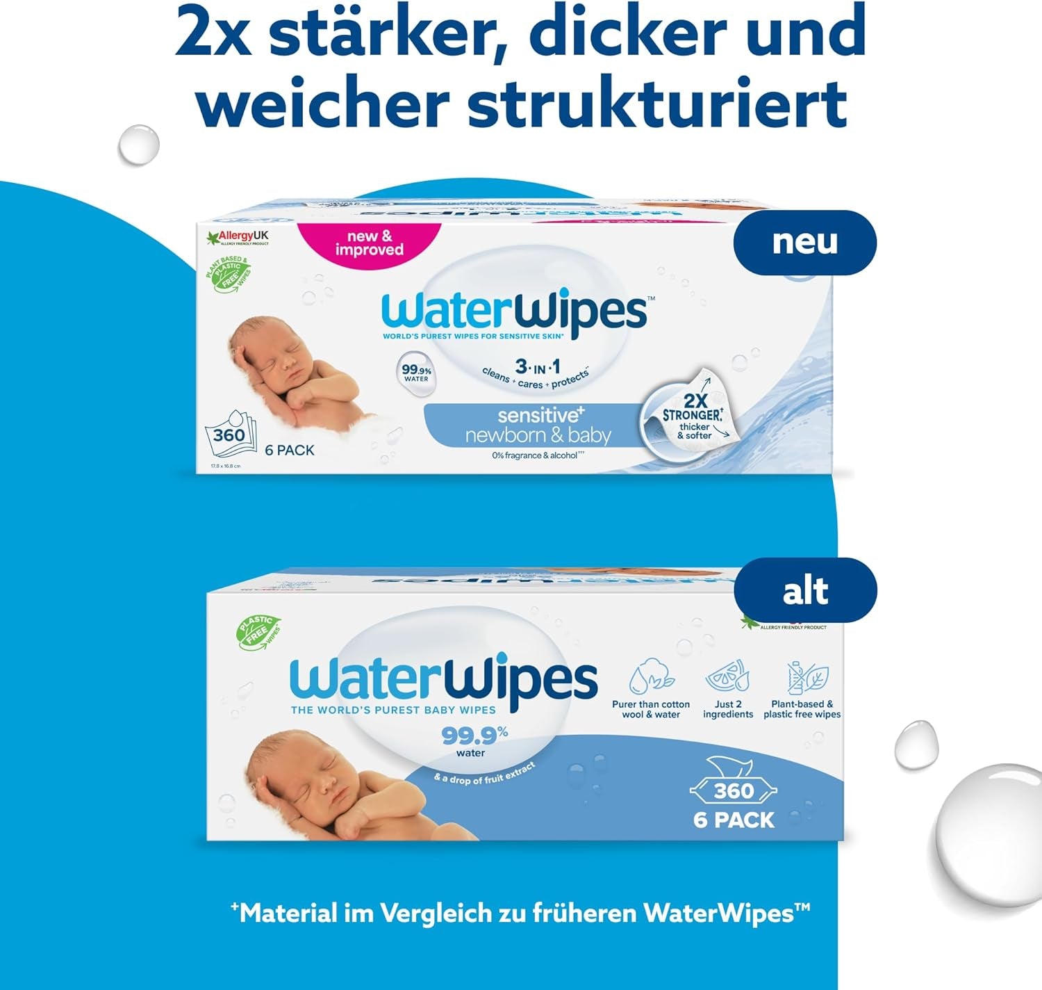 WaterWipes Sensitive+ vlhčené ubrousky pro novorozence a kojence, 360 kusů (6 balení), 3 v 1 čištění, péče, ochrana, 99,9 % vody, bez parfemace