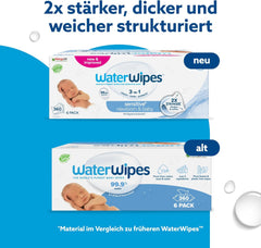 WaterWipes Sensitive+ vlhčené ubrousky pro novorozence a kojence, 360 kusů (6 balení), 3 v 1 čištění, péče, ochrana, 99,9 % vody, bez parfemace