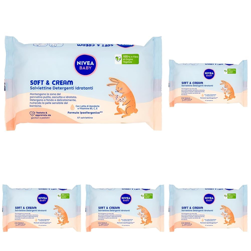 NIVEA Baby Moisturizing Cleansing Wipes Soft & Cream, 57 kusů, pro čistou, suchou a hydratovanou pokožku, dětské ubrousky s mandlovým mlékem a vitamíny B5, C a E