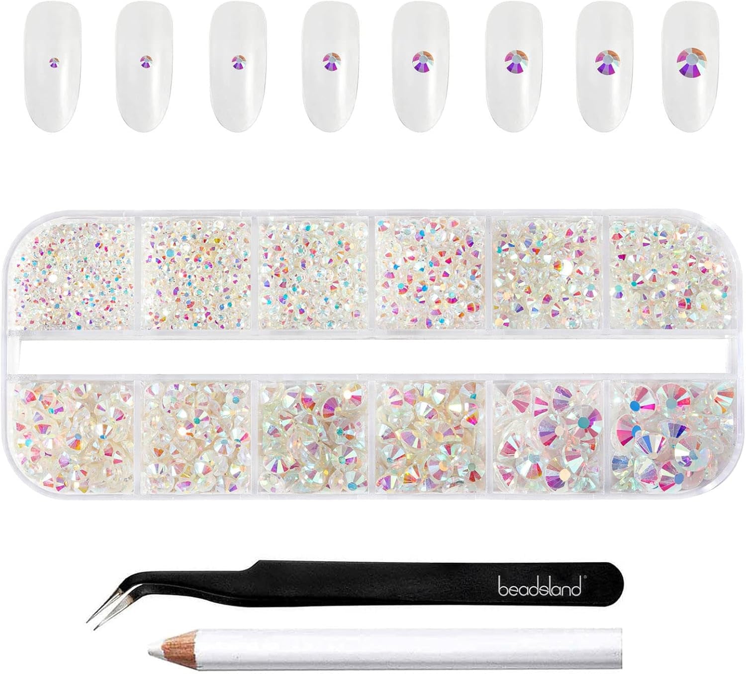 Beadsland 2500Pcs Glas Nailart Strasssteine Kristall Flatback Edelsteine Runde, ​​Für Handwerk Gemischt 8 Größen SS4 ~ SS30 Mit Picking Pinzette Und Stift (Kristall Weiss)