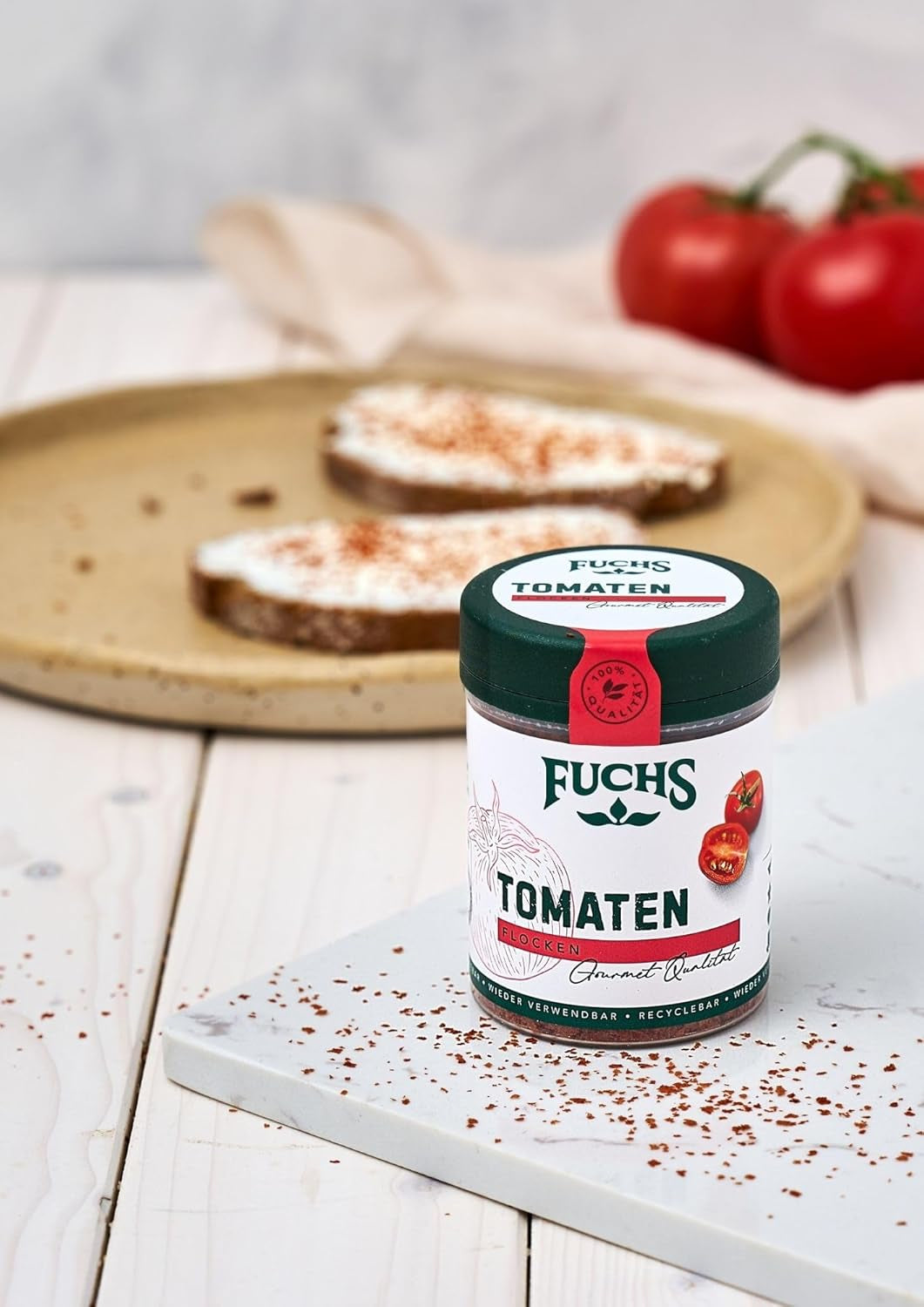 Fuchs Gewürze - Tomaten Flocken - Gewürz für Ofenfeta nebo tomatigen Geschmack in Saucen - přírodní ingredience - 40 g v wiederverwendbarer, recyclebarer Dávka