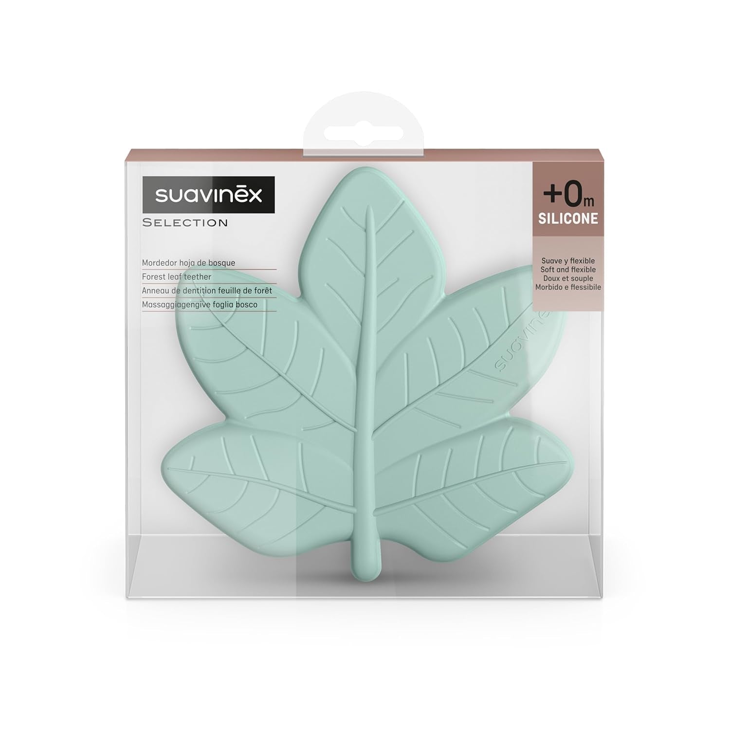 Suavinex, inel de dentiție din silicon dintr-o singură bucată. Moale, flexibil, sigur. Calmează și ameliorează gingiile bebelușului. Ergonomic, ușor de prins, cu textură/ușurare. Design cu pădure, Poezie, Verde