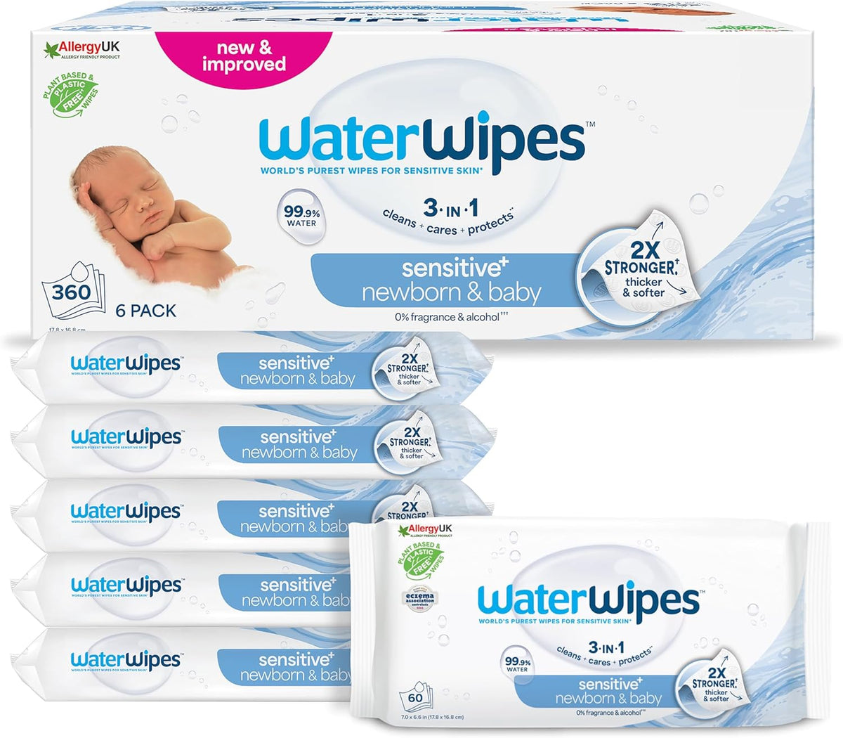WaterWipes Sensitive+ vlhčené ubrousky pro novorozence a kojence, 360 kusů (6 balení), 3 v 1 čištění, péče, ochrana, 99,9 % vody, bez parfemace