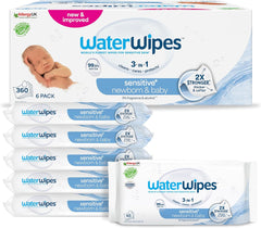 WaterWipes Sensitive+ vlhčené ubrousky pro novorozence a kojence, 360 kusů (6 balení), 3 v 1 čištění, péče, ochrana, 99,9 % vody, bez parfemace