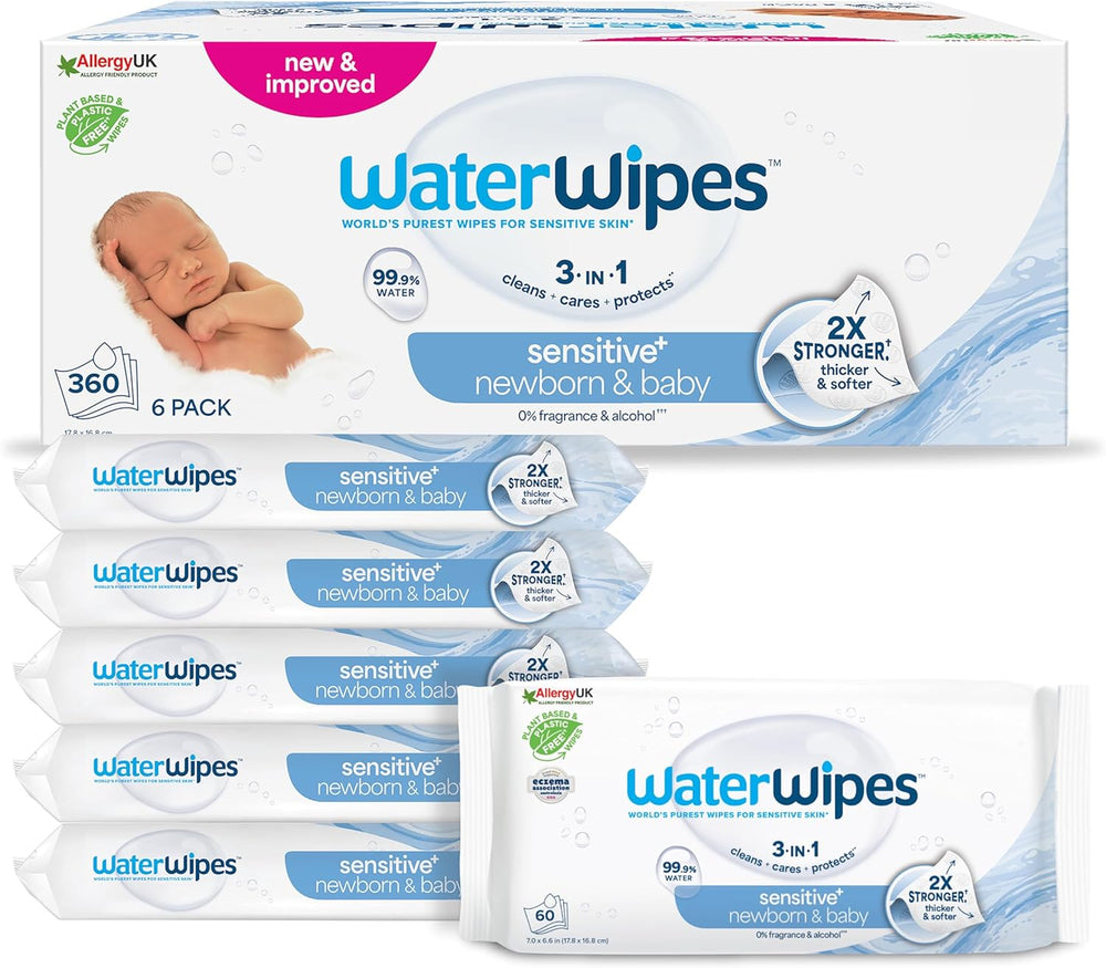 WaterWipes Sensitive+ vlhčené ubrousky pro novorozence a kojence, 540 kusů (9 balení), 3 v 1 čištění, péče, ochrana, 99,9 % vody, bez parfemace