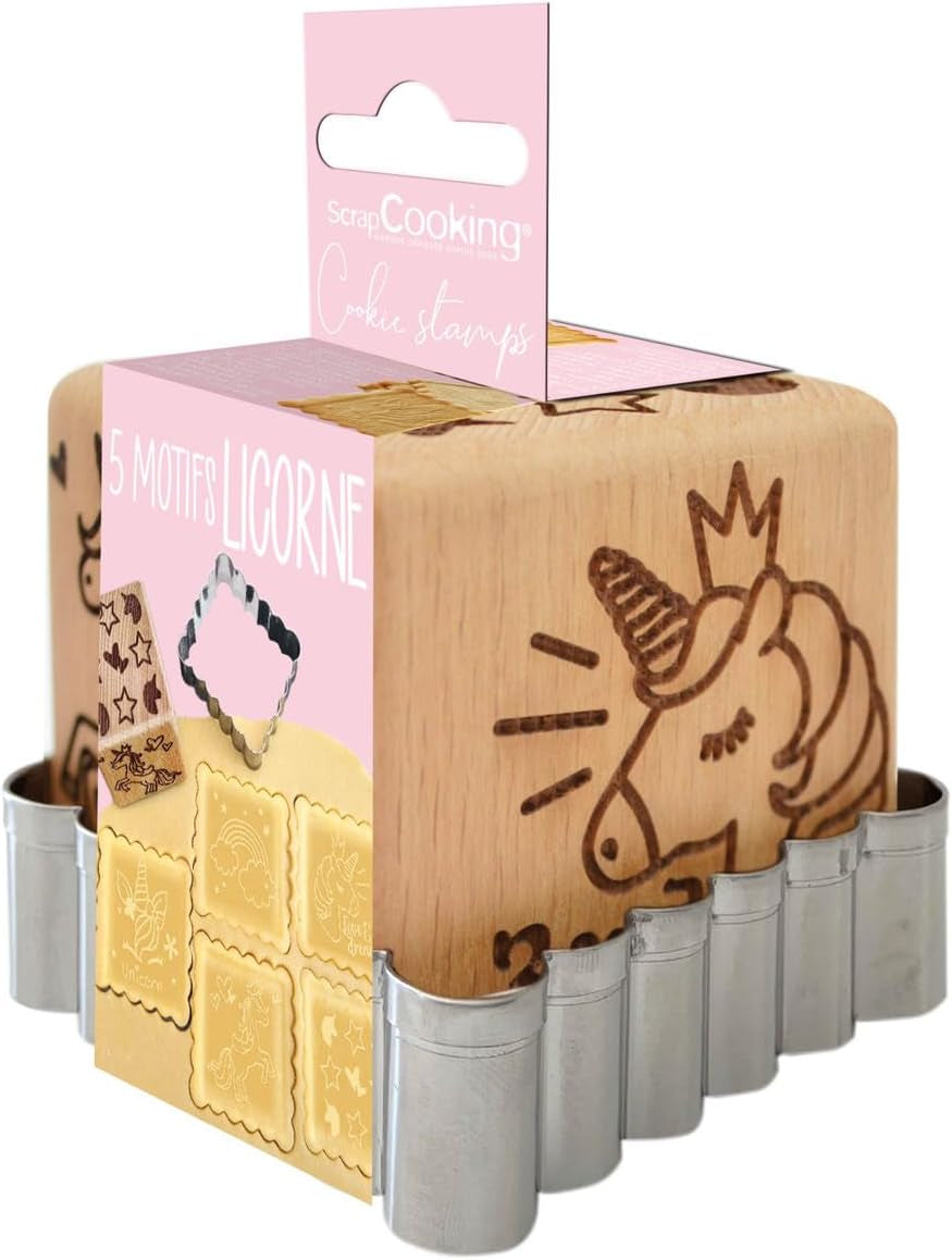 Ștampilă de copt din lemn ScrapCooking cu motiv de unicorn, cu 1 formă de biscuiți, biscuiți și cuburi, decor cu 5 fețe, decor în relief -5123