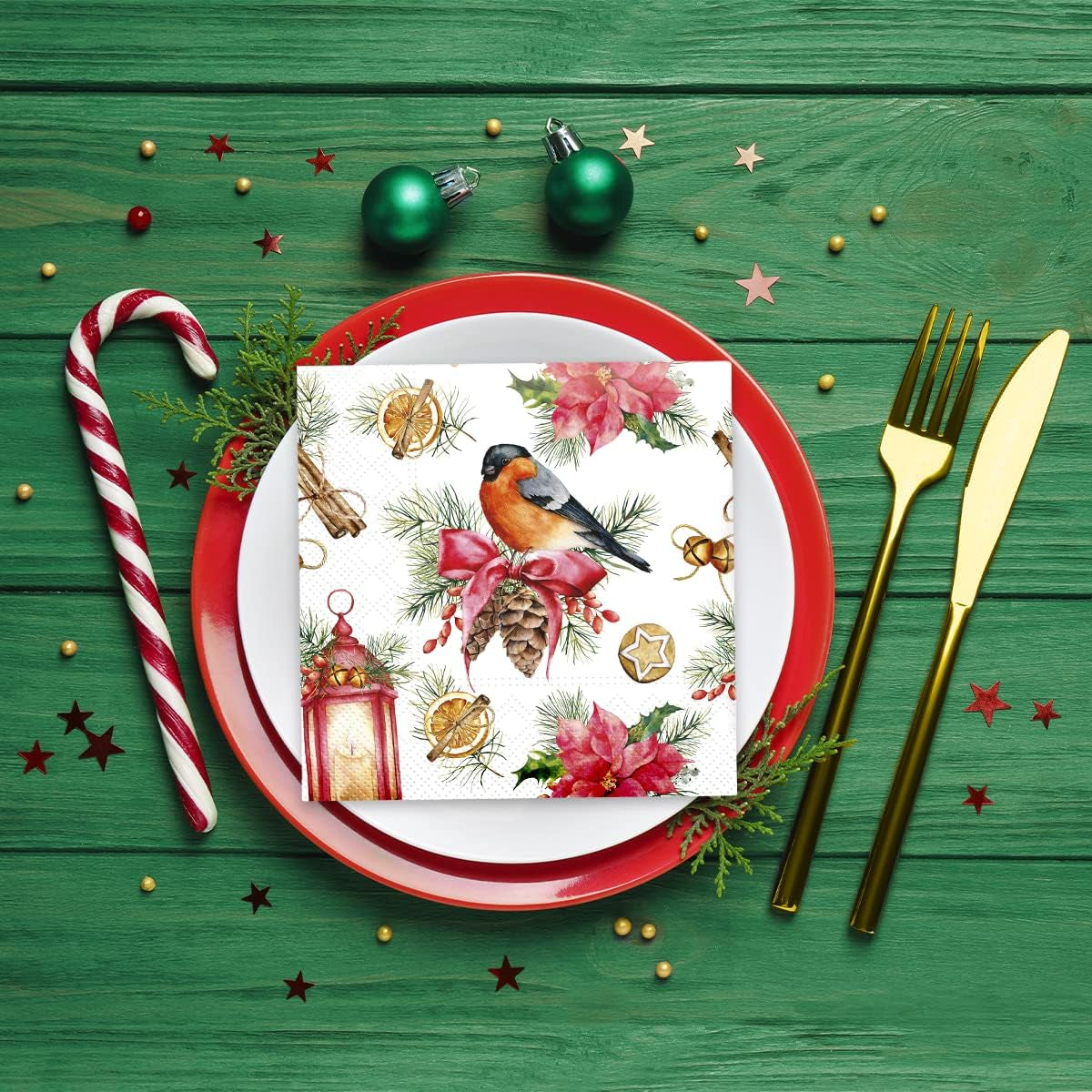 PAW - Șervețele 3 straturi (33 X 33 Cm) I 20 bucăți I Șervețele de hârtie colorate perfecte pentru masa de Crăciun I Șervețele - Crăciun, iarnă, ciulin, lampă I Bullfinch cu lampion