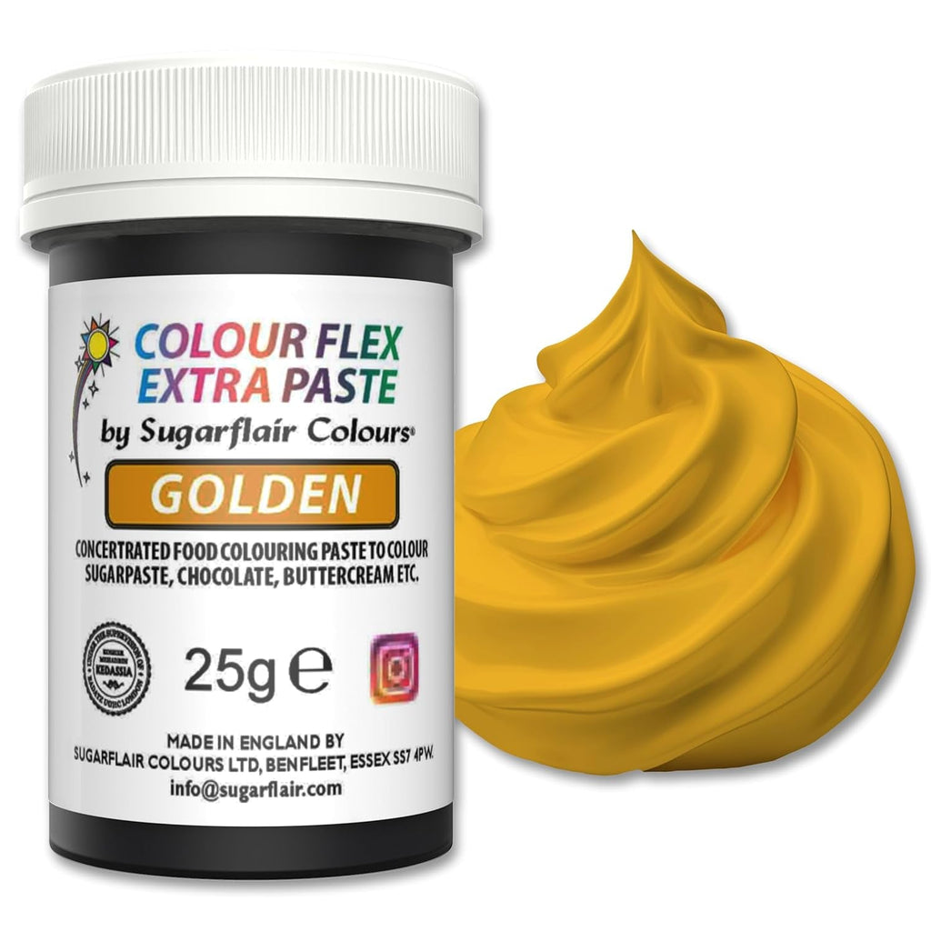 Pastă colorantă alimentară Sugarflair Colourflex Extra Paste Golden - Colorant alimentar comestibil pentru cremă de unt, ciocolată, pastă de zahăr, glazură, fondant, mixuri pentru prăjituri, aluat și multe altele - 25g